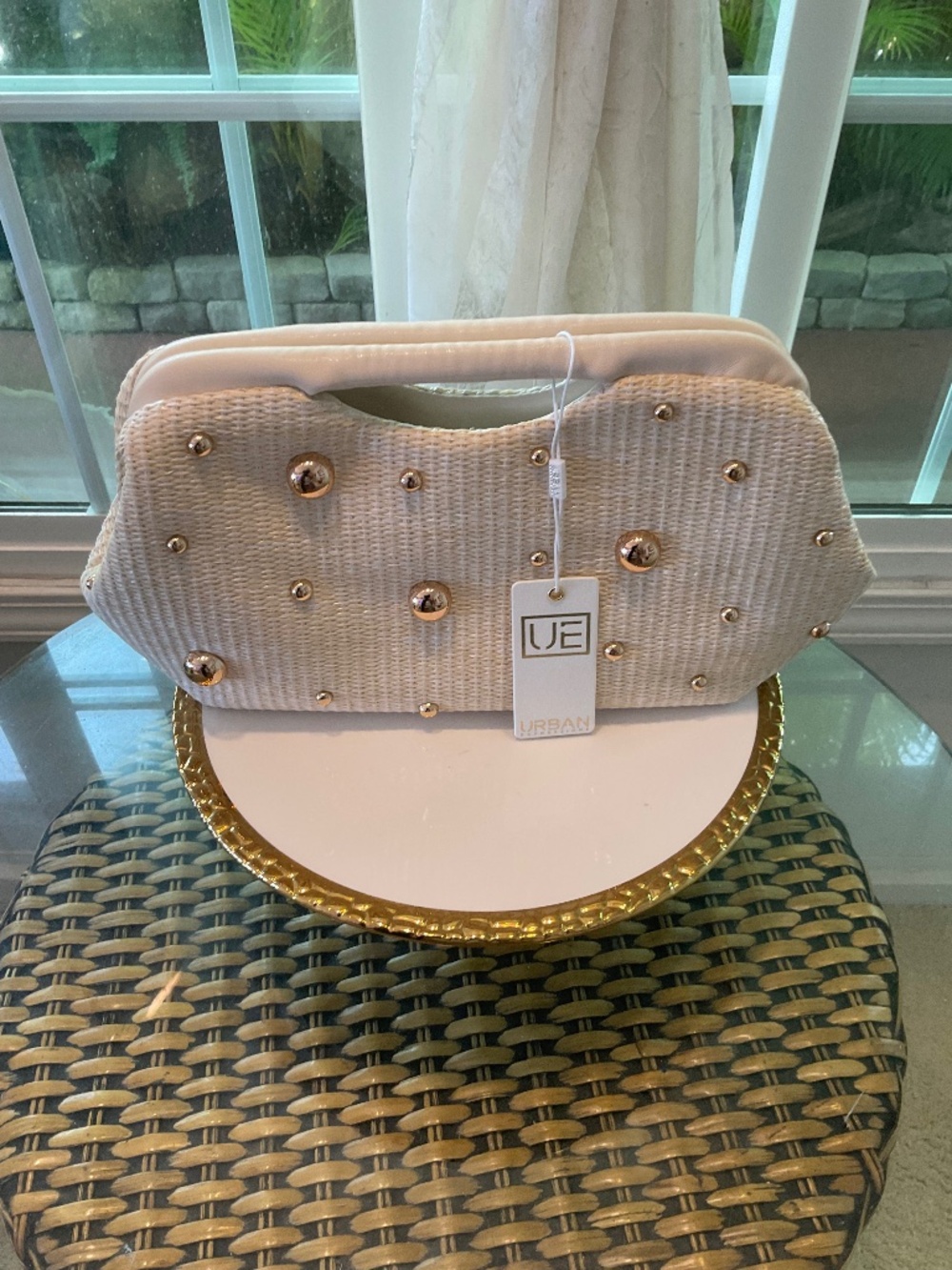 Urban Expressions Ivory Straw Clutch With Gold Baubles NWT